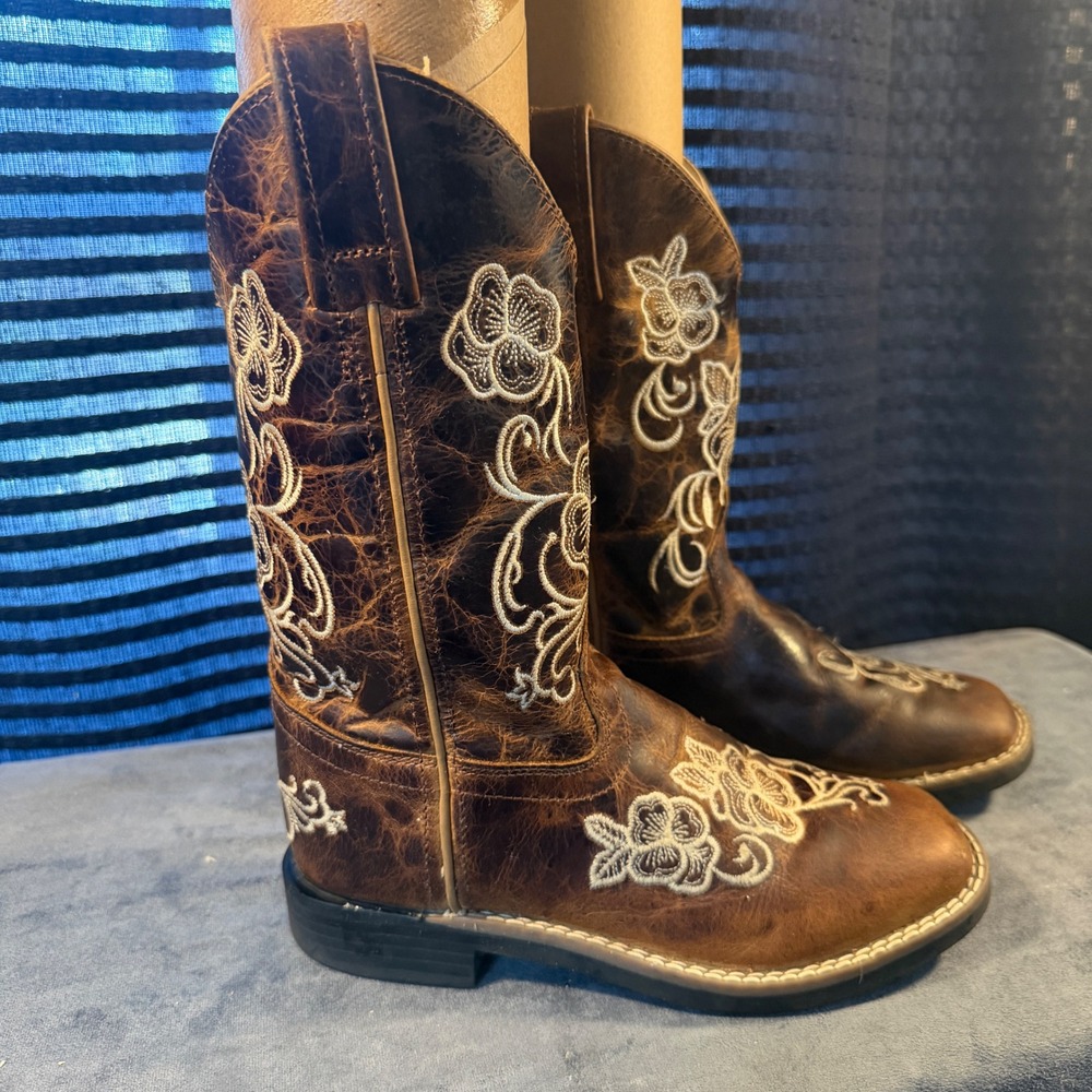 Brown Leather Floral Embroidered Square Toe Western Cowboy Boots BBSC1946 Size 2